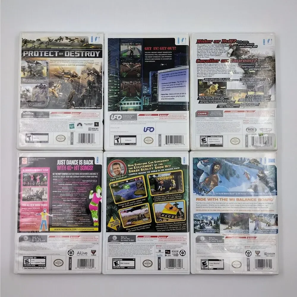 Wii 6 Game Lot Transformers Spy Games Just Dance Snowboarding PBR Amazing Race